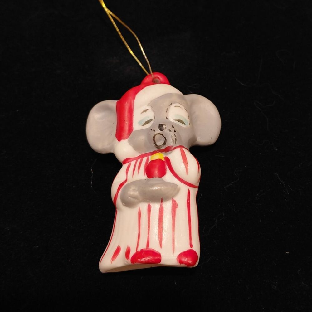 VTG Ceramic Mouse in Pajamas Hand Painted Christmas Tree Ornament Approx 3" Tall